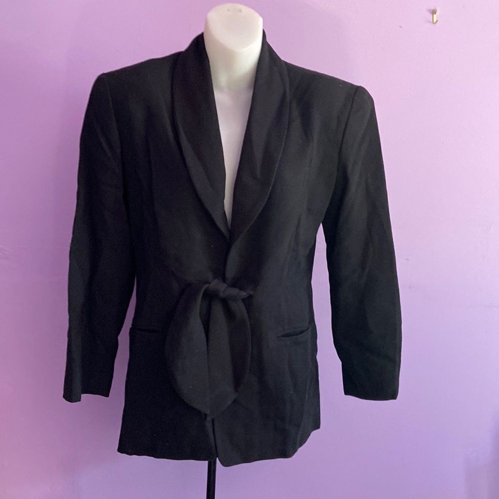 Bebe Black 100% Wool Coat Size 4 Front Tie Belted Long Jacket Classic Chic